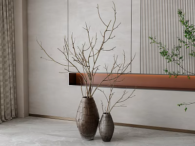 Brown Woven Vases Holding Dried Branches In Modern Minimalist Interior With Light Wall 3d model