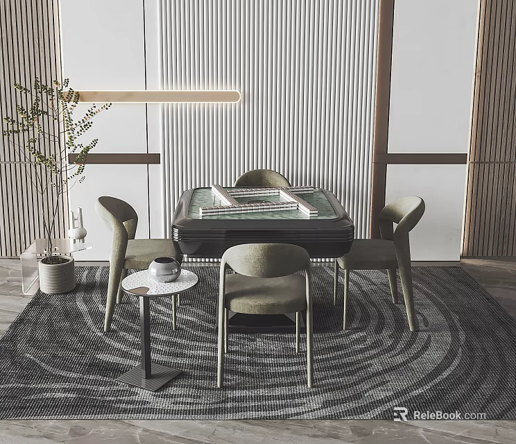 Modern Entertainment Table With Four Chairs Round Striped Rug Floor Lamp And Potted Plant 3d model 