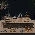 Elegant Golden Metal Stands With Various Shapes Displaying Delicious Cakes And Desserts