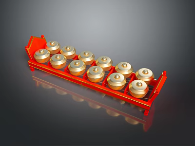 Red Industrial Equipment Storage Rack With Multiple Golden Circular Components 3d model