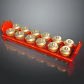 Red Industrial Equipment Storage Rack With Multiple Golden Circular Components