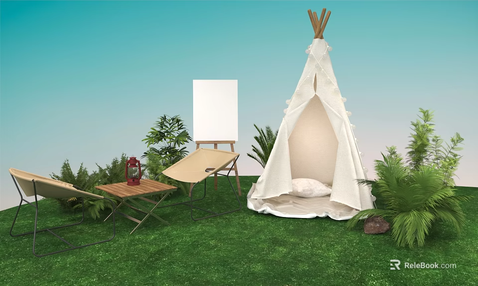 White Tipi Tent Setup On Green Grass With Foldable Chair Drawing Board And Plants 3d model 