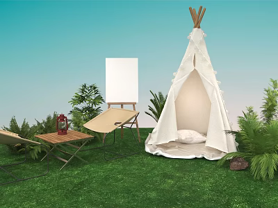 White Tipi Tent Setup On Green Grass With Foldable Chair Drawing Board And Plants 3d model
