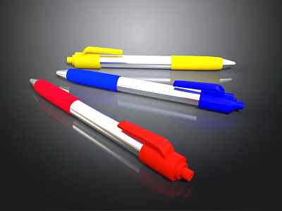 Colorful Retractable Ballpoint Pens With Red Blue Yellow And White Bodies 3d model