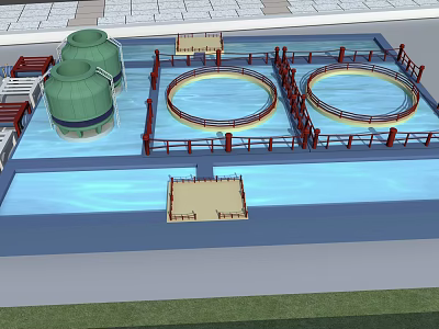 Industrial Plant With Circular Treatment Tanks Green Storage Tanks Railing And Platforms 3d model