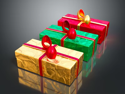 Colorful Decorative Gift Boxes With Red Ribbons And Golden Bows 3d model