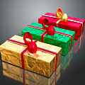 Colorful Decorative Gift Boxes With Red Ribbons And Golden Bows