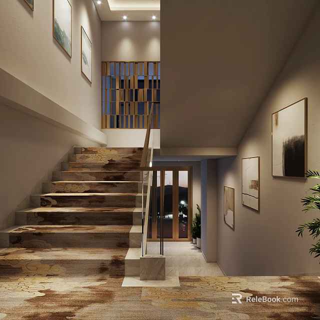 Modern Staircase With Wooden Steps Glass Railing And Wall Art Decor 3d model 