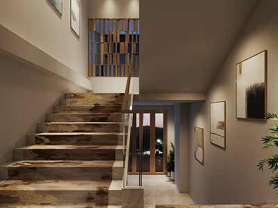 Modern Staircase With Wooden Steps Glass Railing And Wall Art Decor 3d model