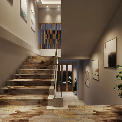 Modern Staircase With Wooden Steps Glass Railing And Wall Art Decor 3d model