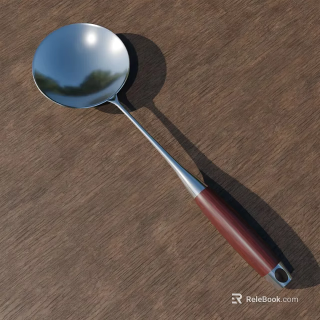 Stainless Steel Kitchen Ladle With Red Handle On Brown Wooden Table 3d model 