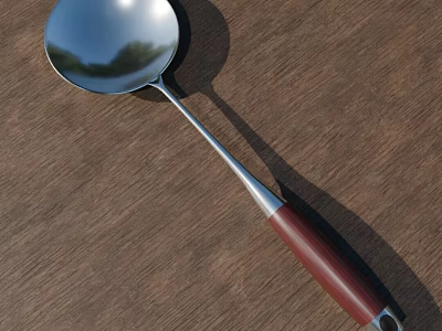 Stainless Steel Kitchen Ladle With Red Handle On Brown Wooden Table 3d model