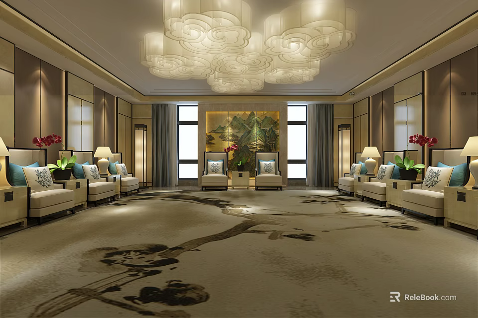 Elegant Hotel Public Lounge With Multi Tiered Chandelier Patterned Carpet And Arranged Sofas 3d model
