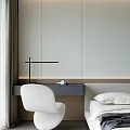 Modern Minimalist Bedroom Interior With Platform Bed White Chair Desk Wooden Floor And Paneled Walls