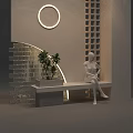 Stylish Window Display With Seated Mannequin Bench Potted Plant Arched Brick Wall And Circular Light
