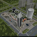 Modern Commercial Complex Featuring Unique Curved Design Open Plaza and Green Surroundings