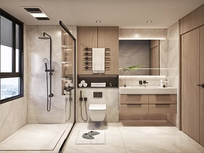Modern Bathroom Interior Design With Shower Toilet Marble Vanity Mirror And Wooden Cabinets 3d model