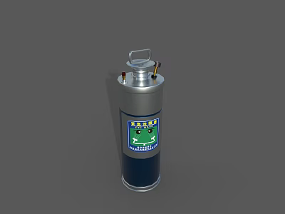 Silver and Blue Cylindrical Industrial Fire Extinguisher with Metal Cap Valves and Safety Label 3d model