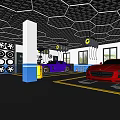 4S Auto Workshop Service Area Featuring Red Purple Sports Cars Tool Racks And Yellow Lines