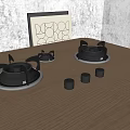 Cat Ear Shaped Gas Burners On Wooden Countertop With Black Knobs And Geometric Art