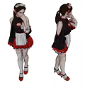 Woman In Black Red Maid Costume With White Apron Headpiece Stockings And Red High Heels