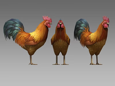 Three Colorful Rooster And Hen With Vibrant Feathers Standing Together 3d model