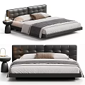 Modern Double Bed With Leather Headboard Soft Pillows Gray Blanket And Black Nightstand Table Lamp