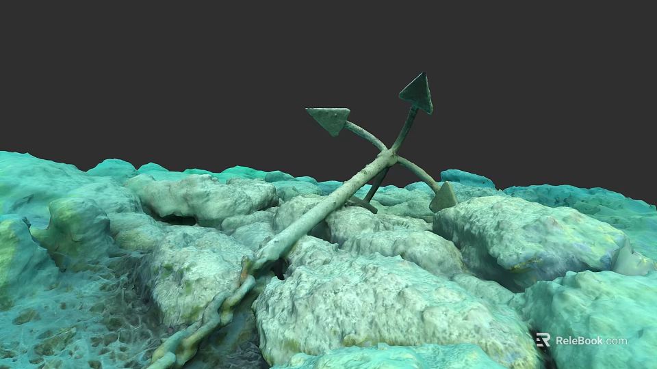 Rusty Anchor With Chain Lying On Underwater Rocky Seafloor 3d model 