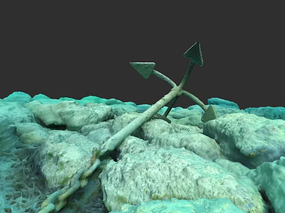 Rusty Anchor With Chain Lying On Underwater Rocky Seafloor 3d model
