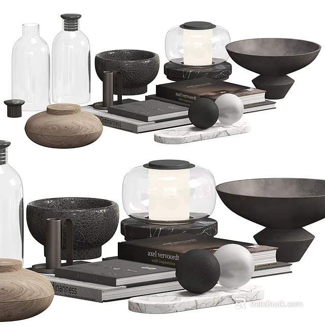 Modern Decorative Ornament Set With Glass Vases Ceramic Bowls Candles Books And Wooden Trays 3d model 
