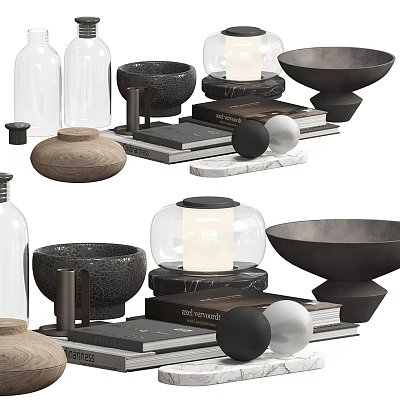 Modern Decorative Ornament Set With Glass Vases Ceramic Bowls Candles Books And Wooden Trays 3d model