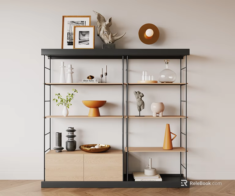Modern Black Frame Shelving Unit With Wooden Cabinet Doors Decorative Ornaments Plant And Photo Frames 3d model 