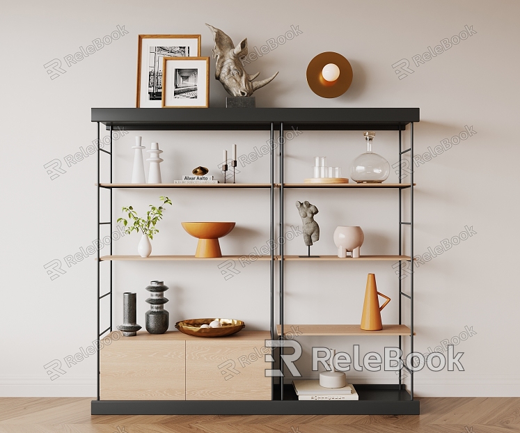 Modern Storage Rack Iron Black Steel Solid Wood Bookshelf Decorative Rack model