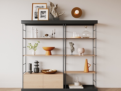 Modern Storage Rack Iron Black Steel Solid Wood Bookshelf Decorative Rack model