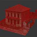Old Two Story Building With Red Tile Roof Yellow Walls And Ruined Surrounding Grass