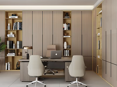 Modern Study Room With Built in Bookshelves Desk And Chairs 3d model