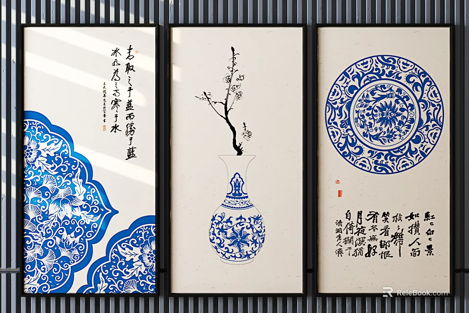 Chinese Traditional Blue And White Porcelain Art With Calligraphy And Plum Blossom Design 3d model 