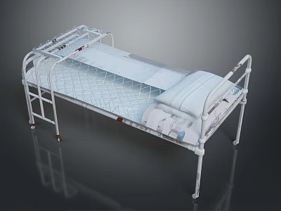 Adjustable Medical Bed With Metal Frame Wheels Side Rails And Mattress 3d model