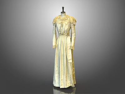 Elegant Cream Colored Long Dress with Lace Details Ruffled Collar Cuffs and Waist Belt 3d model