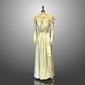 Elegant Cream Colored Long Dress with Lace Details Ruffled Collar Cuffs and Waist Belt