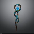 Enchanted Magic Staff With Twisted Design Blue Gem And Red Ribbon
