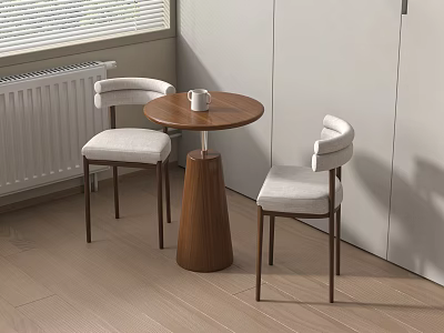 Accent Chairs With Round Wooden Table And White Mug By Window Blinds On Wooden Floor 3d model