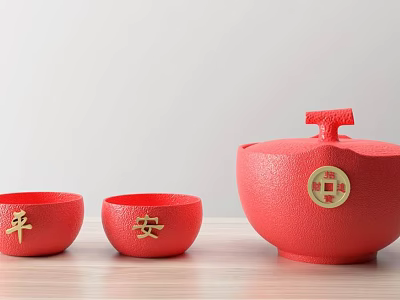 Red Cups With Gold Ping An Inscriptions And Lidded Container With Coin Pattern 3d model