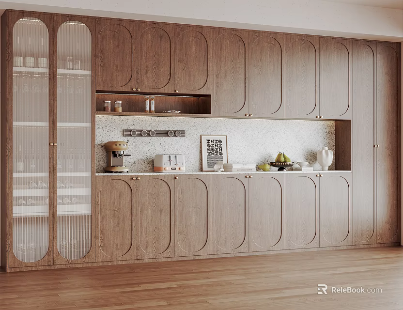 Modern Wooden Wine Cabinet Design With Glass Display Doors And Storage Shelves 3d model 