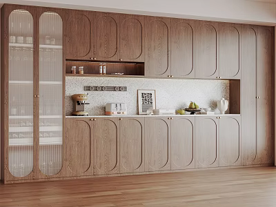 Modern Wooden Wine Cabinet Design With Glass Display Doors And Storage Shelves 3d model