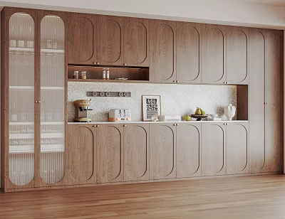 Modern Wooden Wine Cabinet Design With Glass Display Doors And Storage Shelves 3d model