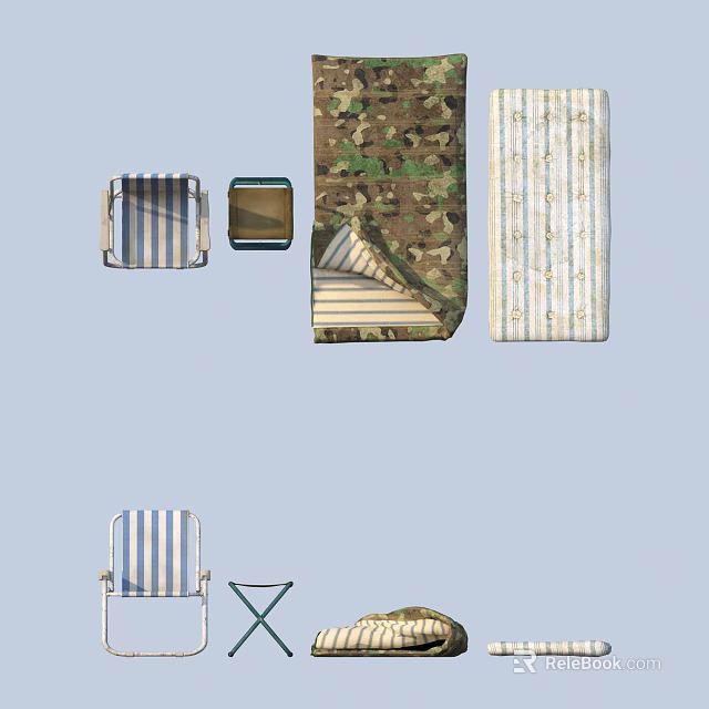 Household Items With Striped And Camouflage Patterns Including Cushions Mats Chair Stool Round Mat 3d model 
