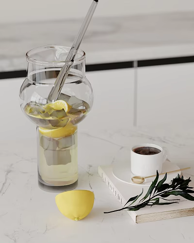 Decorative Ornament Set with Glass Jug Lemon Slices Ice Cubes Coffee Cup Book Green Plant 3d model