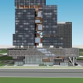 Modern High Rise Office Building With Glass Curtain Wall And Urban Green Landscaping Design