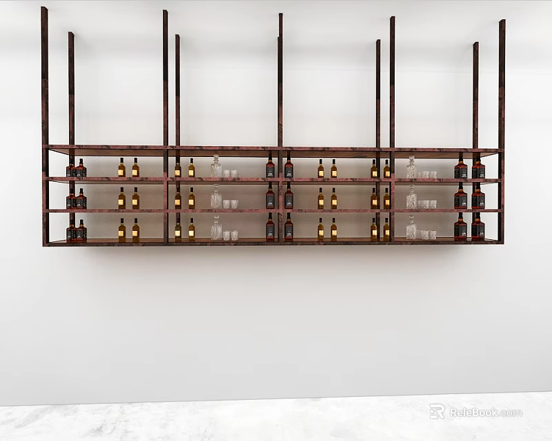 Wall Mounted Wooden Wine Cabinet With Multi Tiered Shelves Holding Wine Bottles and Glasses 3d model 